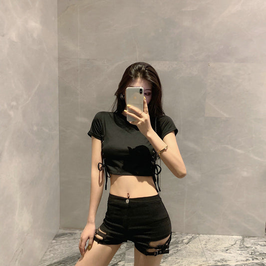 Double Buckle High-Waist Stretch Shorts for Women