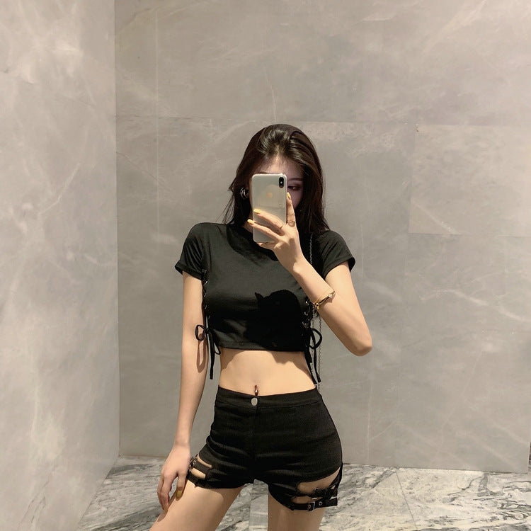 Double Buckle High-Waist Stretch Shorts for Women
