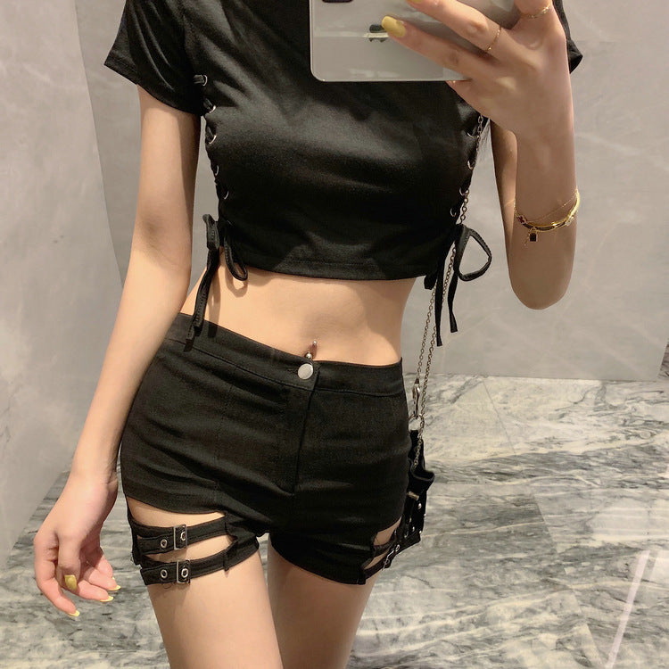 Double Buckle High-Waist Stretch Shorts for Women