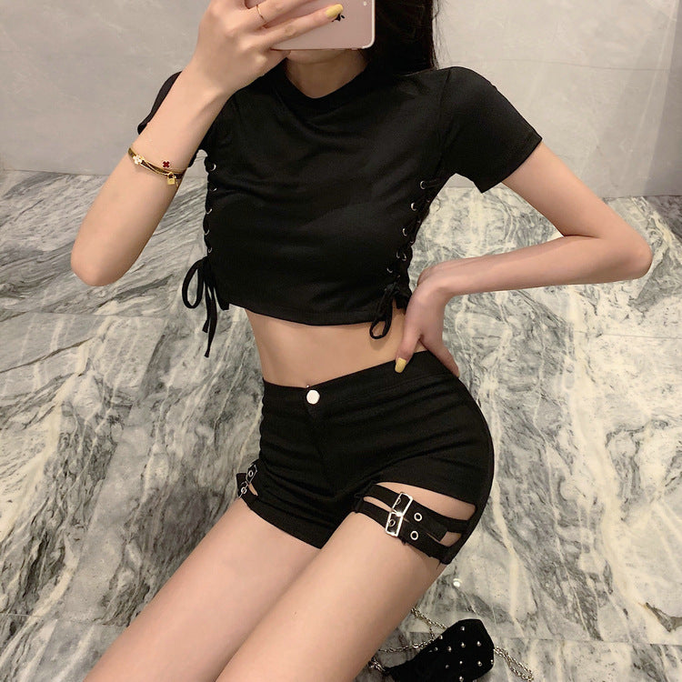 Double Buckle High-Waist Stretch Shorts for Women