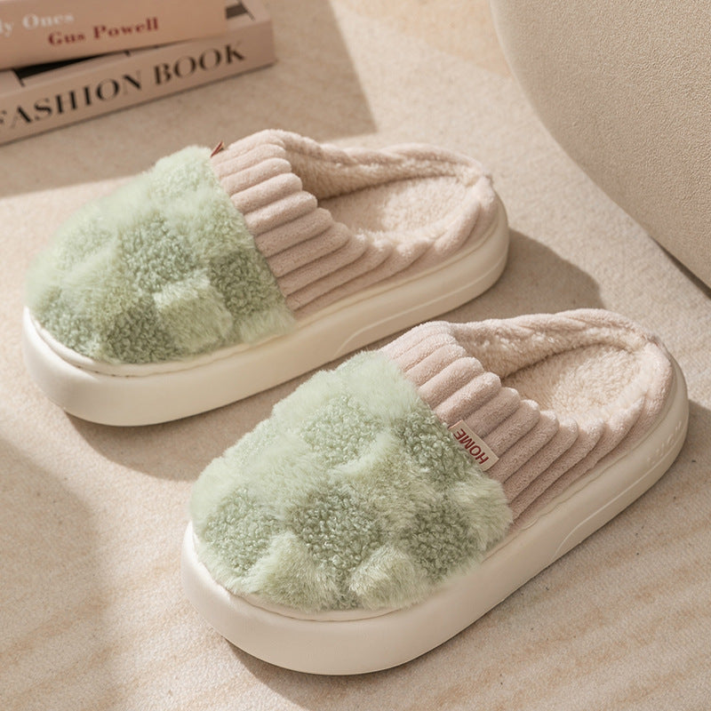 Cozy Plaid Plush Slippers – Warm Women’s Indoor Shoes