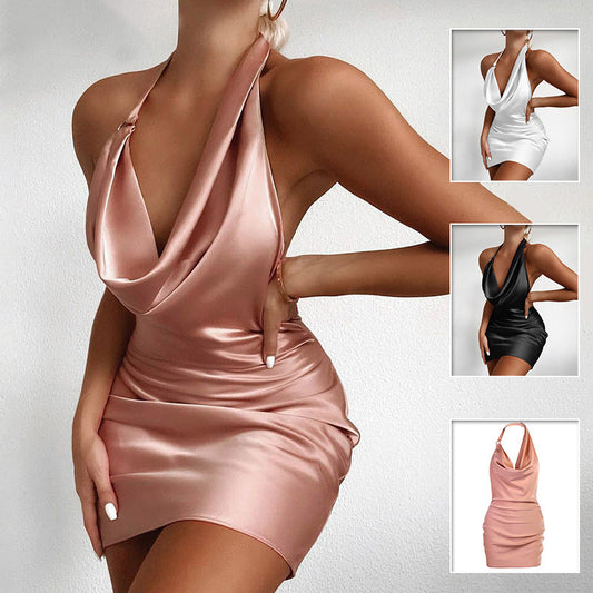 Elegant Satin V-Neck Backless Mini Party Dress – Summer Sleeveless Dress