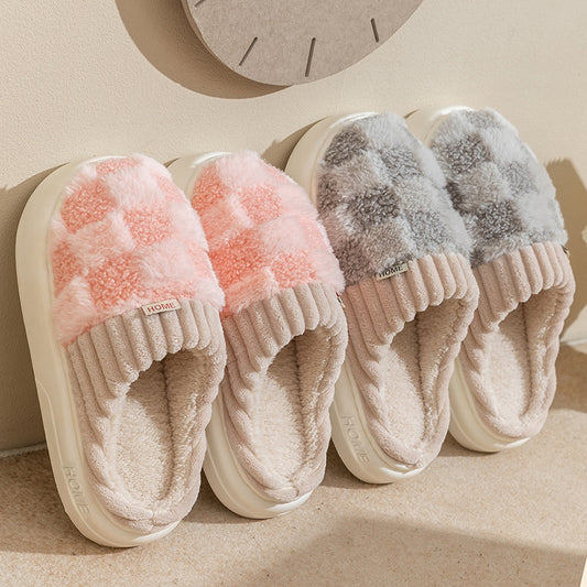 Cozy Plaid Plush Slippers – Warm Women’s Indoor Shoes