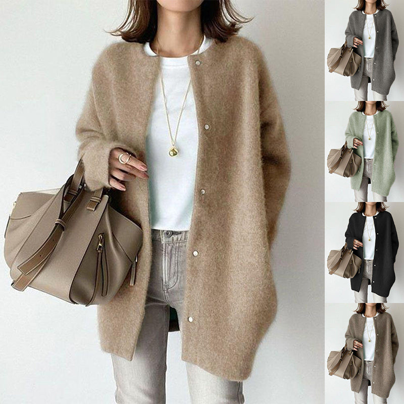 Women’s Single-Breasted Knitted Cardigan – Solid Color Fashion Jacket